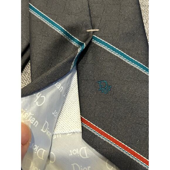 Vintage Christian Dior Logo Neck Tie Navy Light Blue Striped Thin Skinny 2.75" - Picture 5 of 5